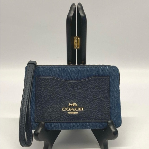 Coach Handbags - COACH Corner Zip Wristlet DENIM /Light Gold refined pebble Leather details NWOT